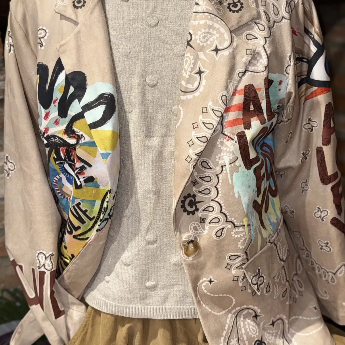 VESTE BLAZER SUEDINE DOUBLEE MOTIF OEIL, MOTIF COEUR